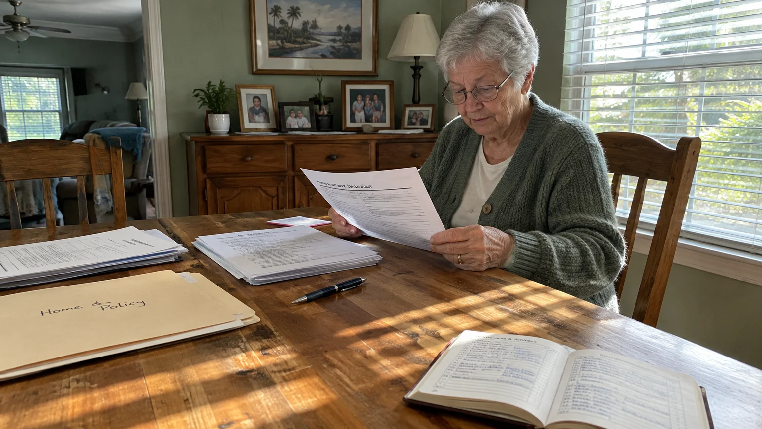 An elderly woman wearing glasses sits at a wooden dining table reviewing insurance documents and paperwork.