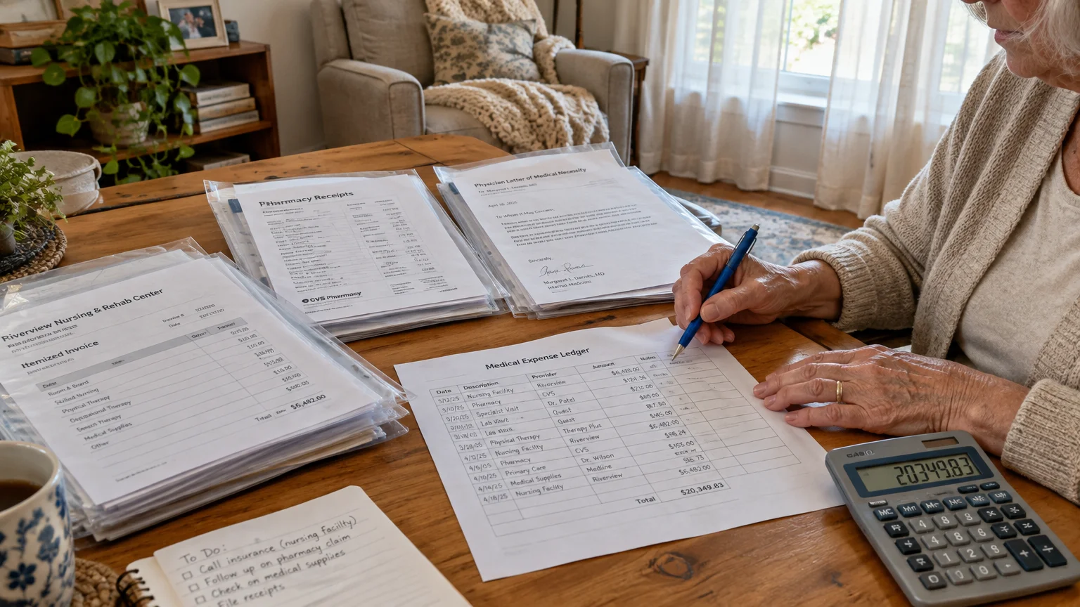 A person reviewing medical expense paperwork, receipts, and invoices on a wooden table with a pen and calculator.
