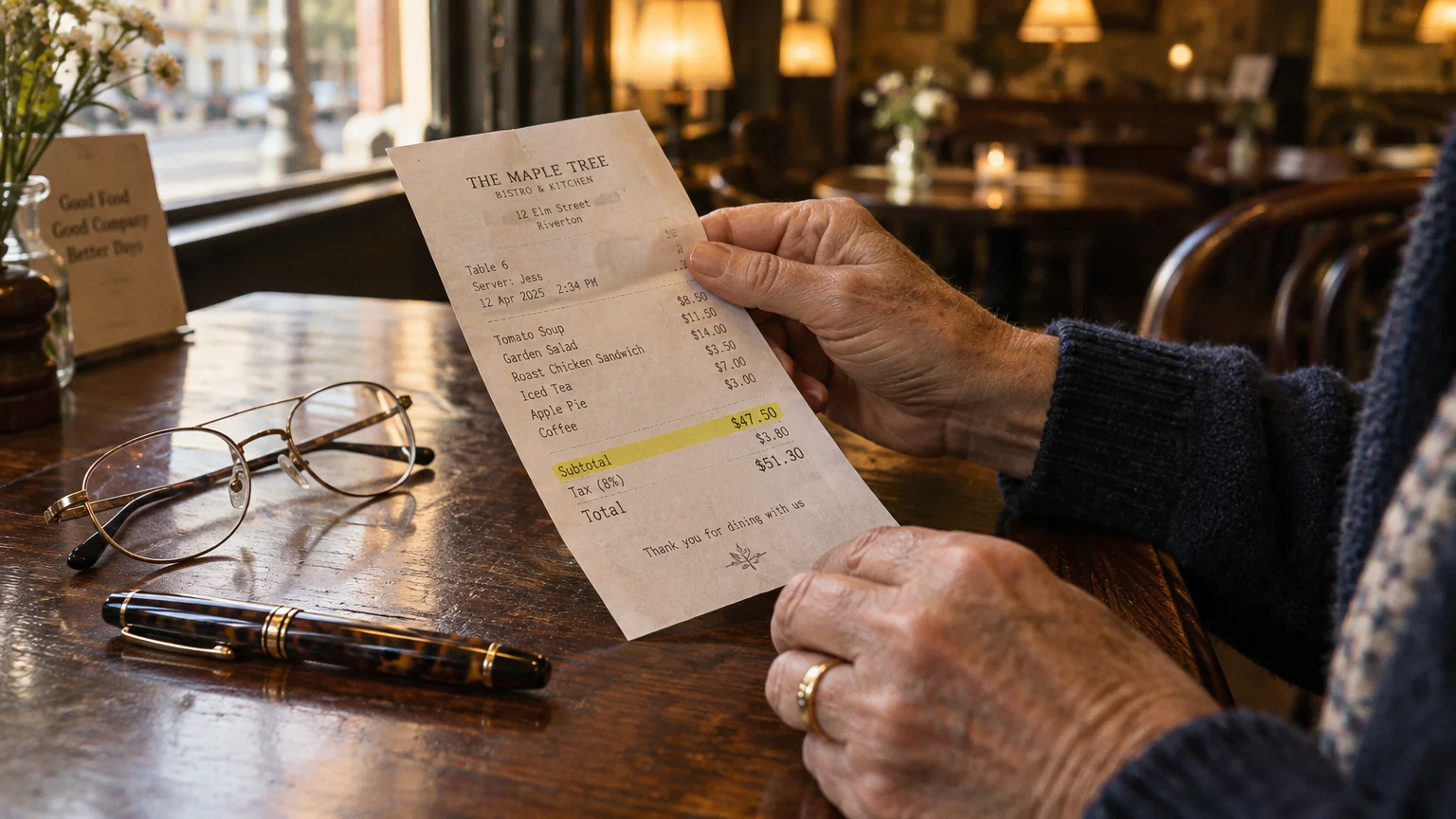 An older person holds a printed restaurant receipt at a wooden table beside eyeglasses and a fountain pen.