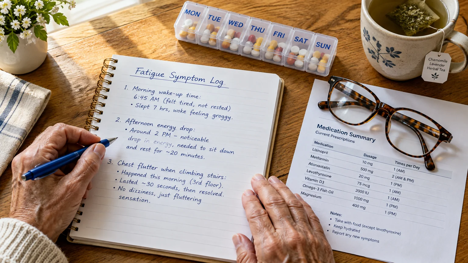 Person writing in a fatigue symptom log notebook beside a medication list, pill organizer, glasses, and tea.