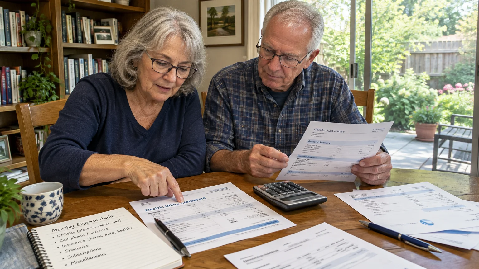 Older couple sitting at a table reviewing printed utility bills with a calculator and written expense audit notebook.