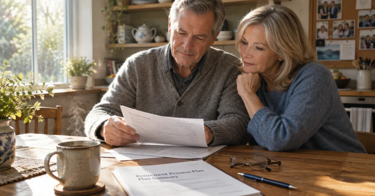 A mature couple sitting at a wooden kitchen table reviewing retirement pension paperwork beside a steaming mug of coffee.