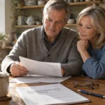A mature couple sitting at a wooden kitchen table reviewing retirement pension paperwork beside a steaming mug of coffee.