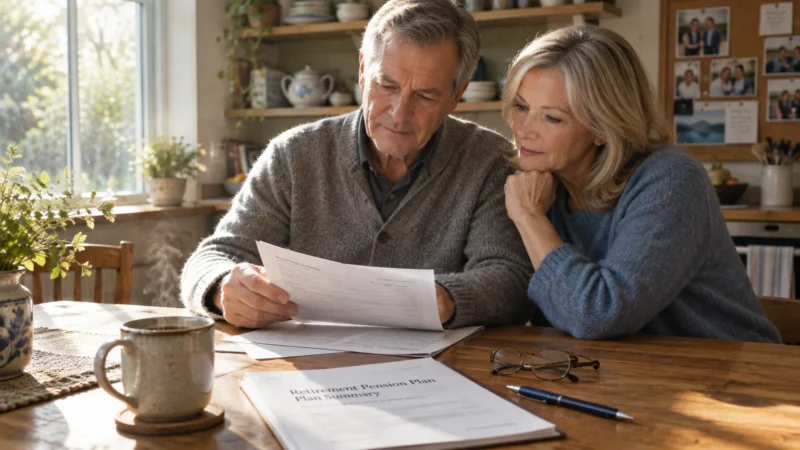 A mature couple sitting at a wooden kitchen table reviewing retirement pension paperwork beside a steaming mug of coffee.