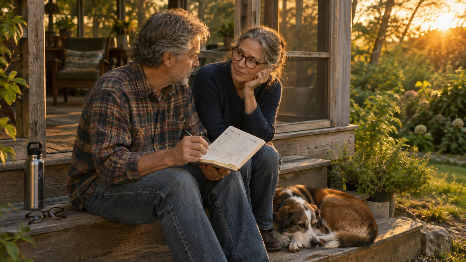 Mature couple sitting on wooden porch steps at sunset reviewing a notebook together beside their sleeping dog.