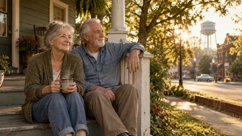 An older couple sits smiling on the front steps of a porch overlooking a sunlit town street with a water tower.