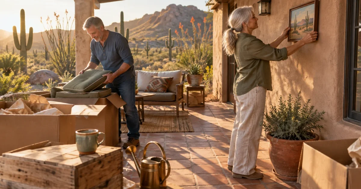 A mature couple unboxes cushions and hangs a framed painting on a sunny patio overlooking a desert landscape with cacti.