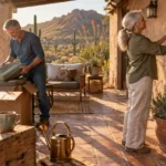 A mature couple unboxes cushions and hangs a framed painting on a sunny patio overlooking a desert landscape with cacti.