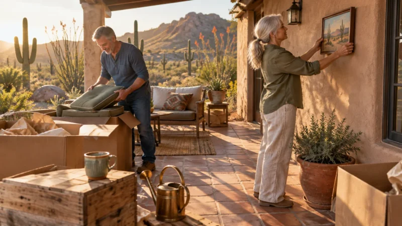 A mature couple unboxes cushions and hangs a framed painting on a sunny patio overlooking a desert landscape with cacti.