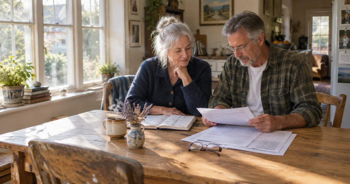 An older couple sits at a sunlit wooden table reviewing paperwork and financial documents together.