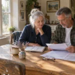 An older couple sits at a sunlit wooden table reviewing paperwork and financial documents together.