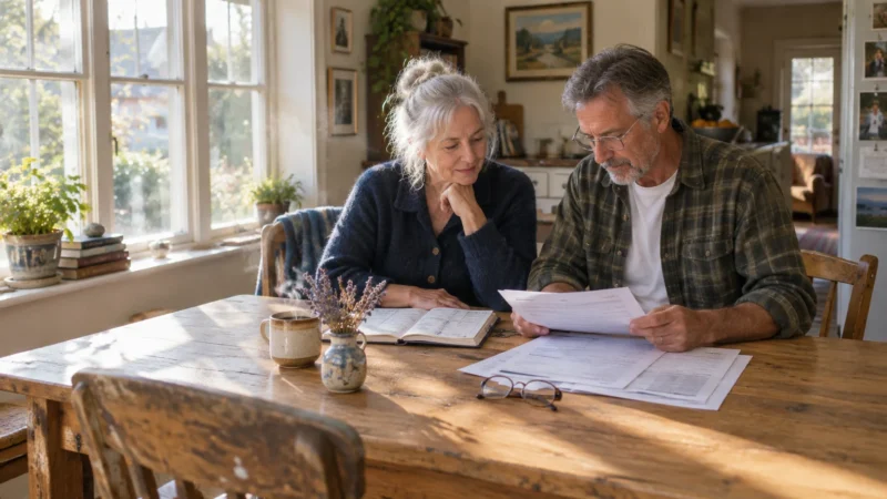 An older couple sits at a sunlit wooden table reviewing paperwork and financial documents together.