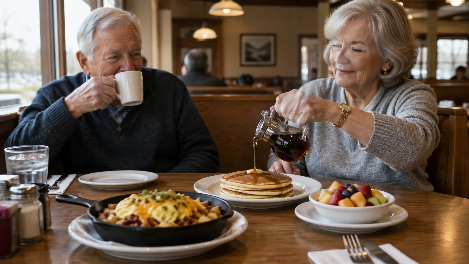 Senior couple eating breakfast at a diner booth as the woman pours syrup on a stack of pancakes.