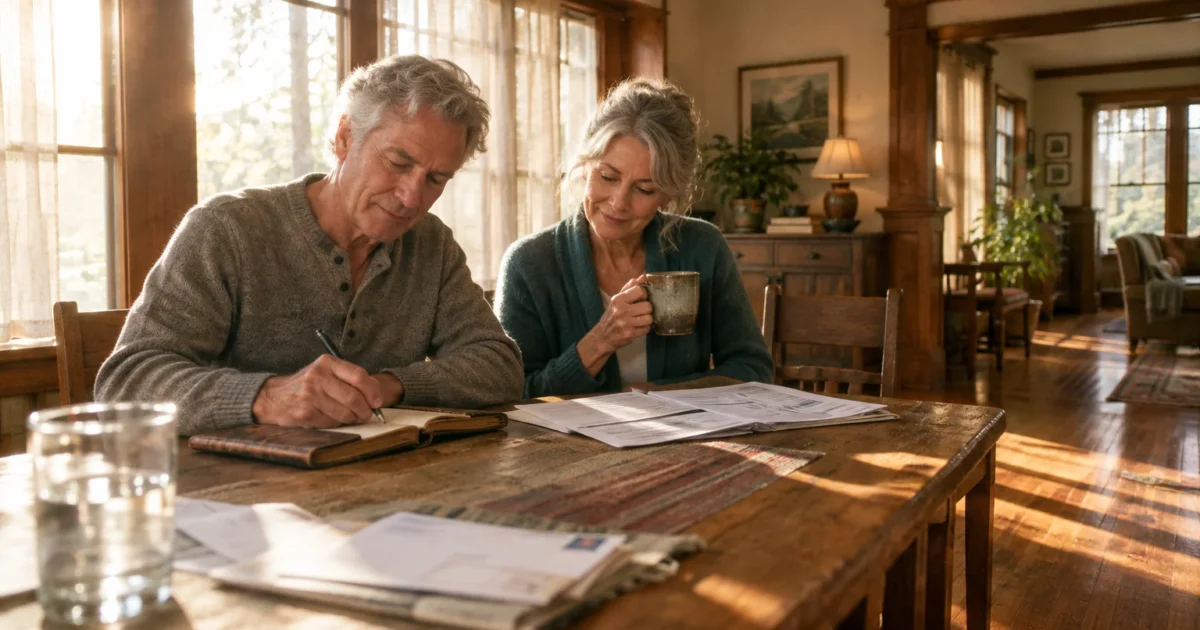 An older couple sits at a sunlit wooden dining table reviewing paperwork and writing in a notebook together.