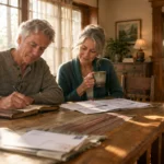 An older couple sits at a sunlit wooden dining table reviewing paperwork and writing in a notebook together.