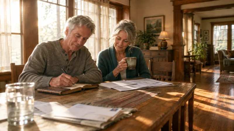 An older couple sits at a sunlit wooden dining table reviewing paperwork and writing in a notebook together.