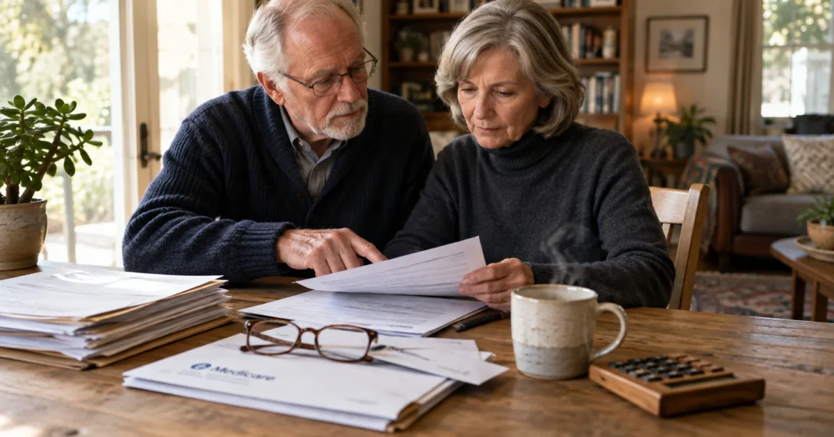 Senior couple reviewing paperwork and Medicare documents together at a wooden dining table with a calculator.