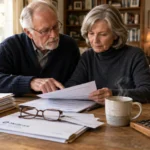 Senior couple reviewing paperwork and Medicare documents together at a wooden dining table with a calculator.