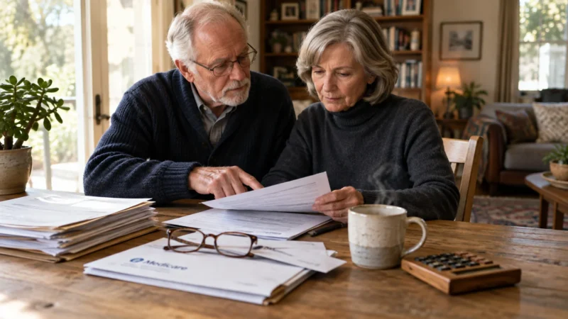 Senior couple reviewing paperwork and Medicare documents together at a wooden dining table with a calculator.