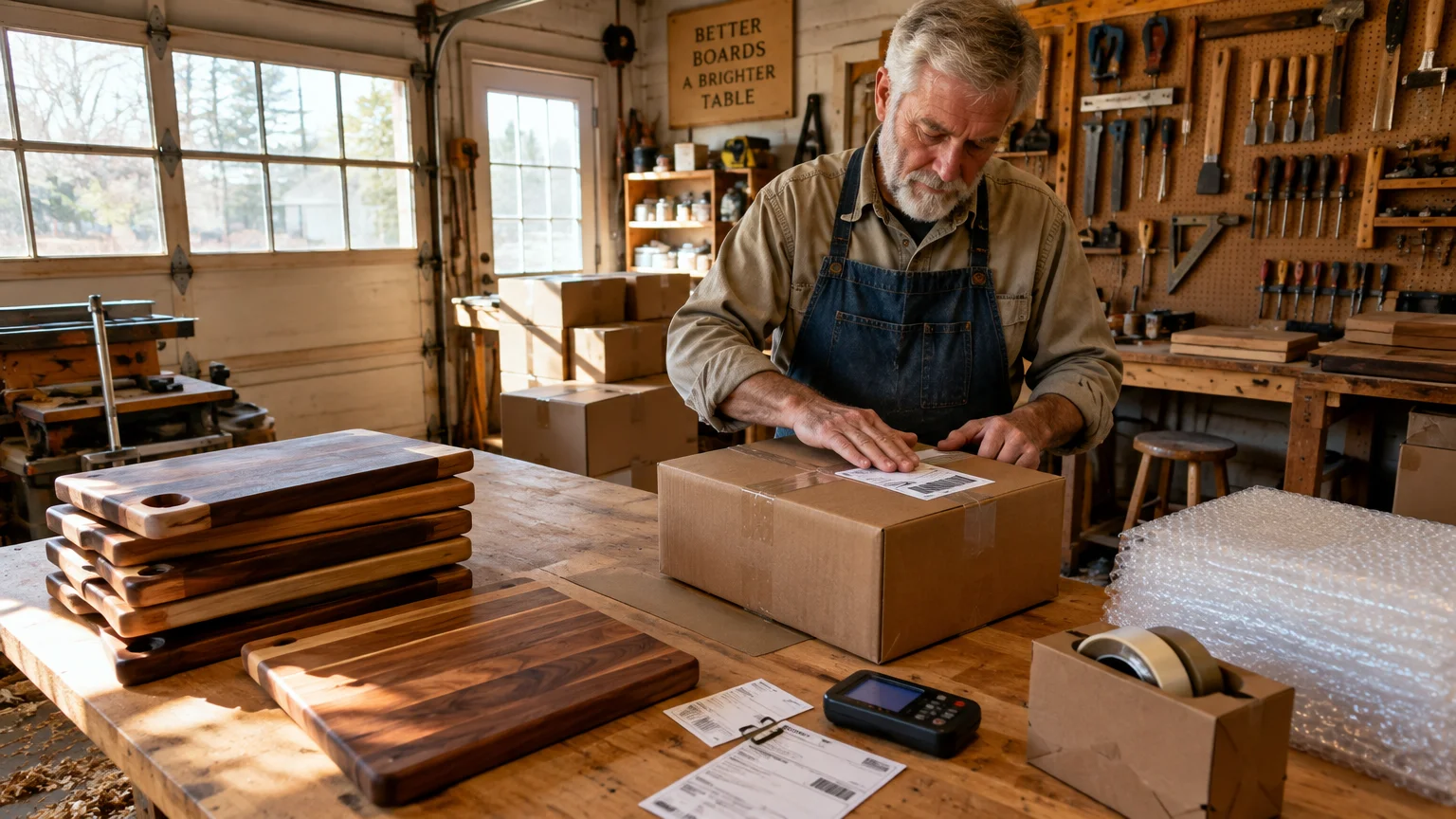 Senior craftsman in a woodworking workshop taping a shipping label onto a cardboard box beside wooden cutting boards.