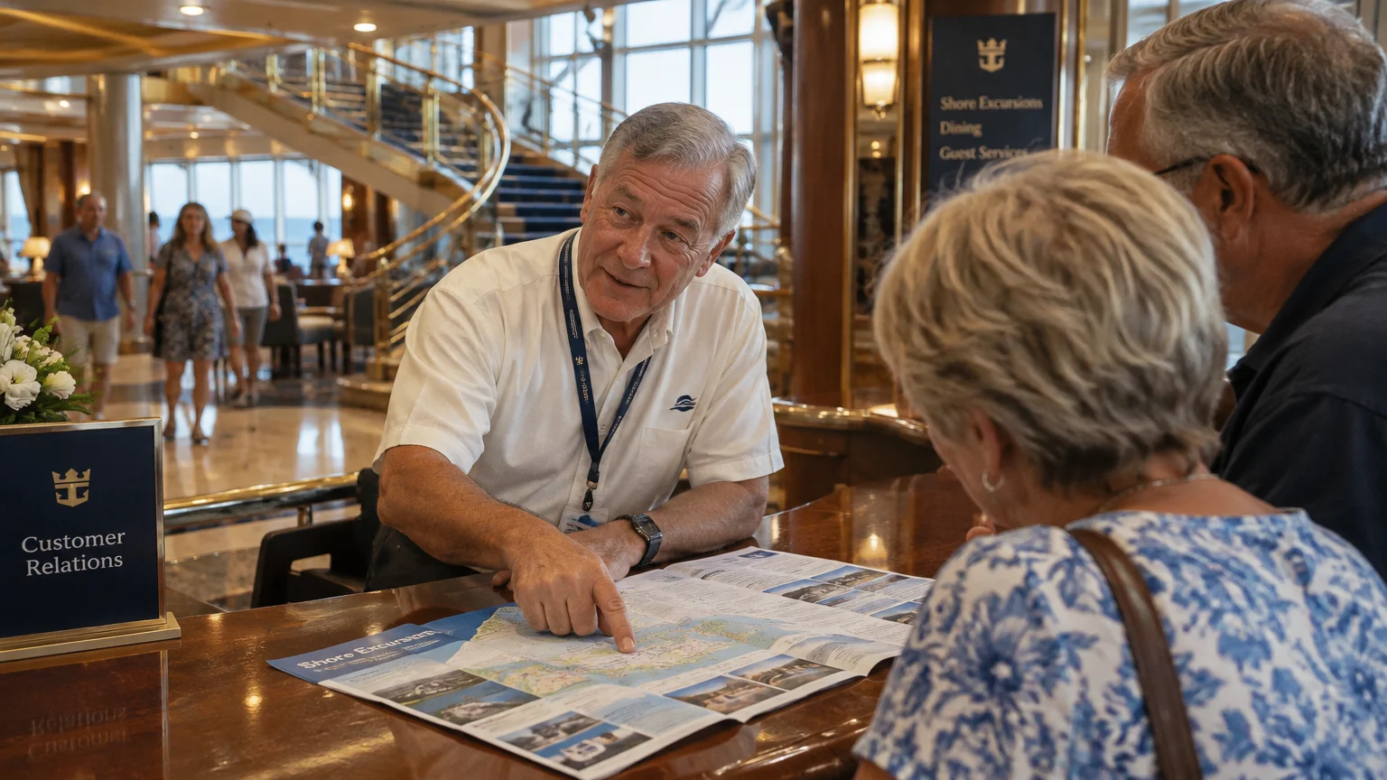 Older cruise staff member leaning over a customer relations desk, pointing at a shore excursions map for two guests.