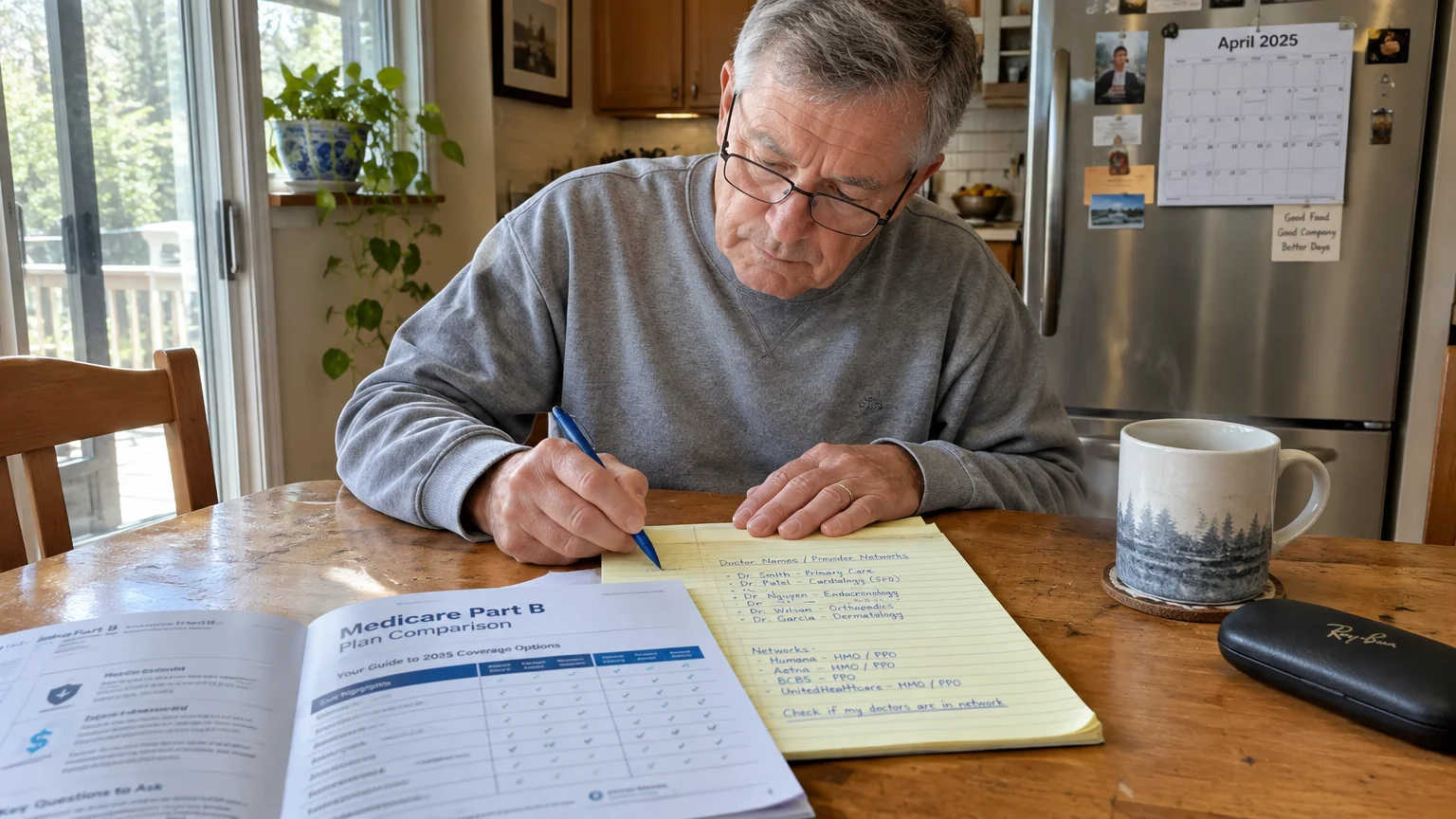 Older man with glasses writing notes on a yellow pad beside a Medicare comparison guide and coffee mug.