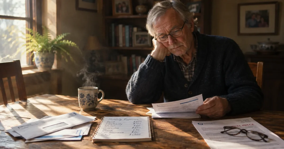 Senior man in glasses sitting at a rustic wooden table, resting his chin on his hand while reading paperwork beside bills.