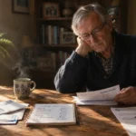 Senior man in glasses sitting at a rustic wooden table, resting his chin on his hand while reading paperwork beside bills.