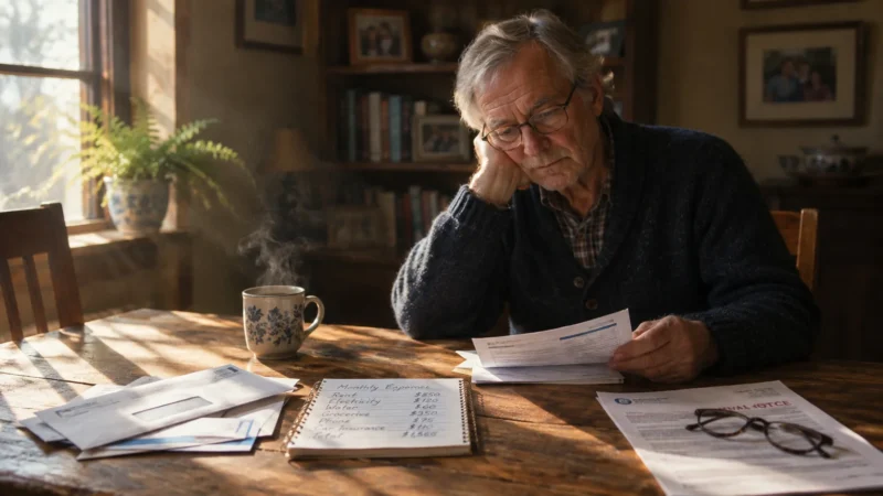 Senior man in glasses sitting at a rustic wooden table, resting his chin on his hand while reading paperwork beside bills.
