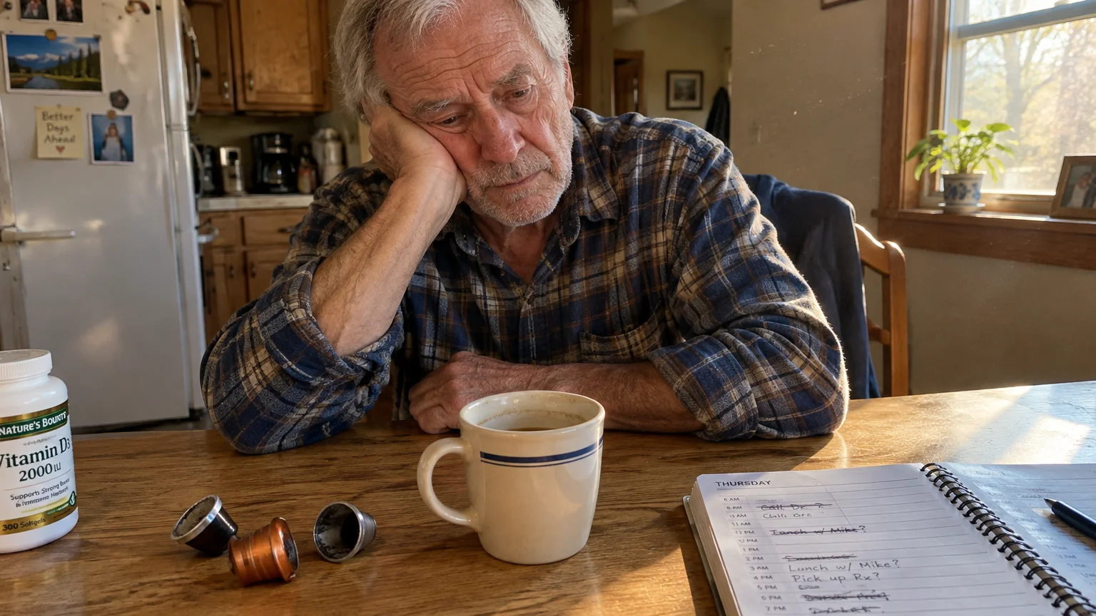 Exhausted older man resting his head on his hand at a table with coffee, espresso pods, vitamins, and an open planner.
