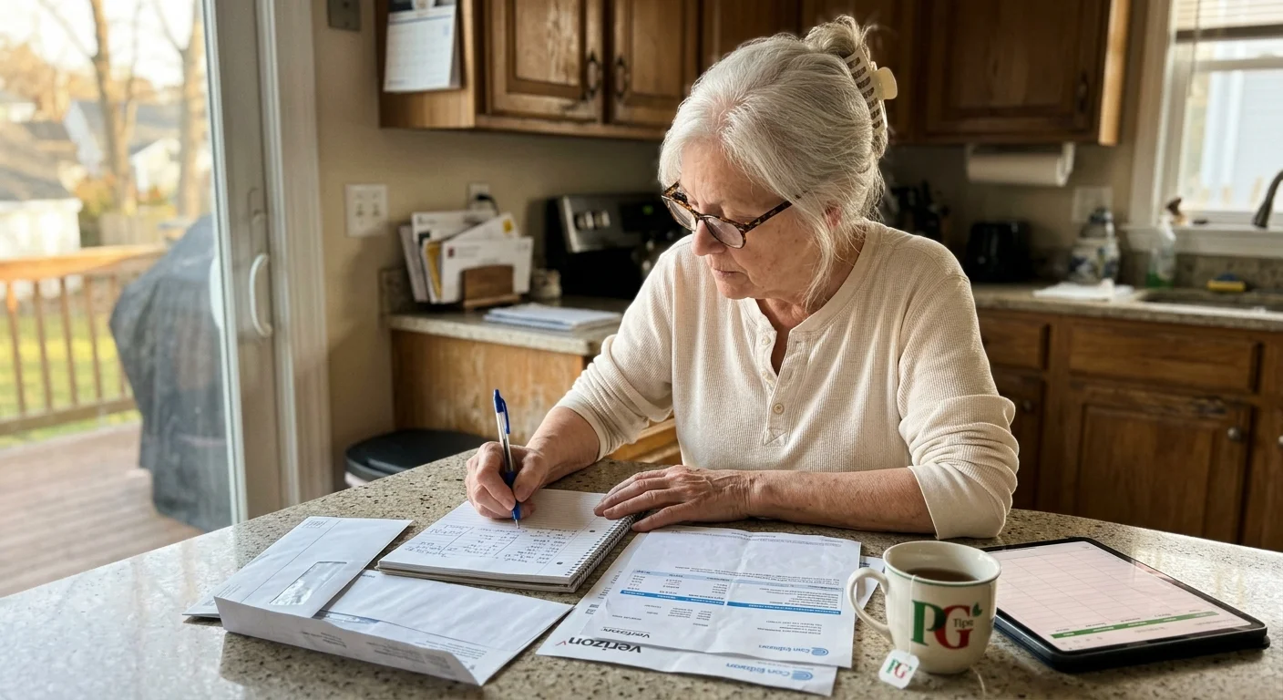 Older woman wearing glasses writing in a notebook next to bills, a tablet, and a mug on a kitchen counter.