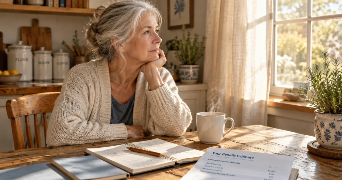 A senior woman sits thoughtfully at a sunny wooden kitchen table with a notebook, mug, and benefit estimate document.