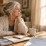 A senior woman sits thoughtfully at a sunny wooden kitchen table with a notebook, mug, and benefit estimate document.