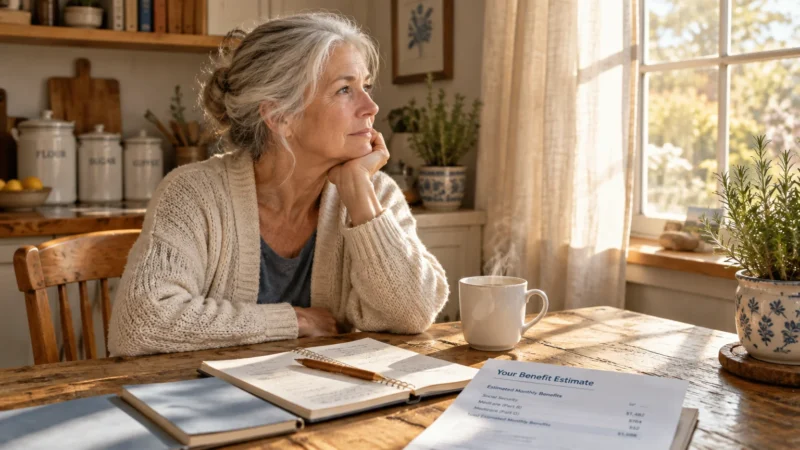 A senior woman sits thoughtfully at a sunny wooden kitchen table with a notebook, mug, and benefit estimate document.