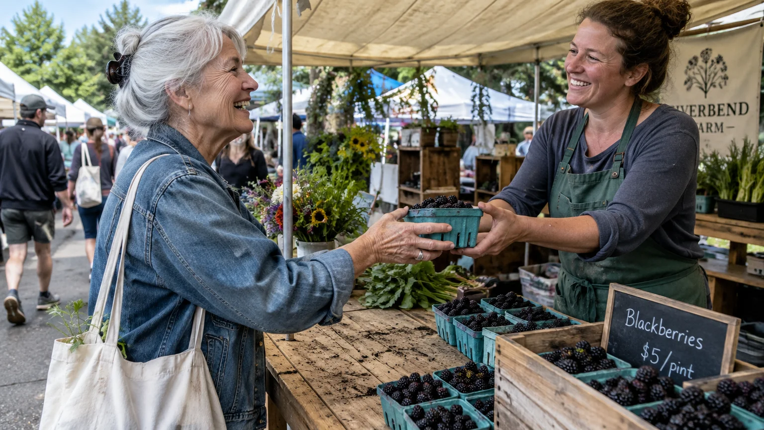 A smiling senior woman buys a pint of fresh blackberries from a female vendor at an outdoor farmers market.