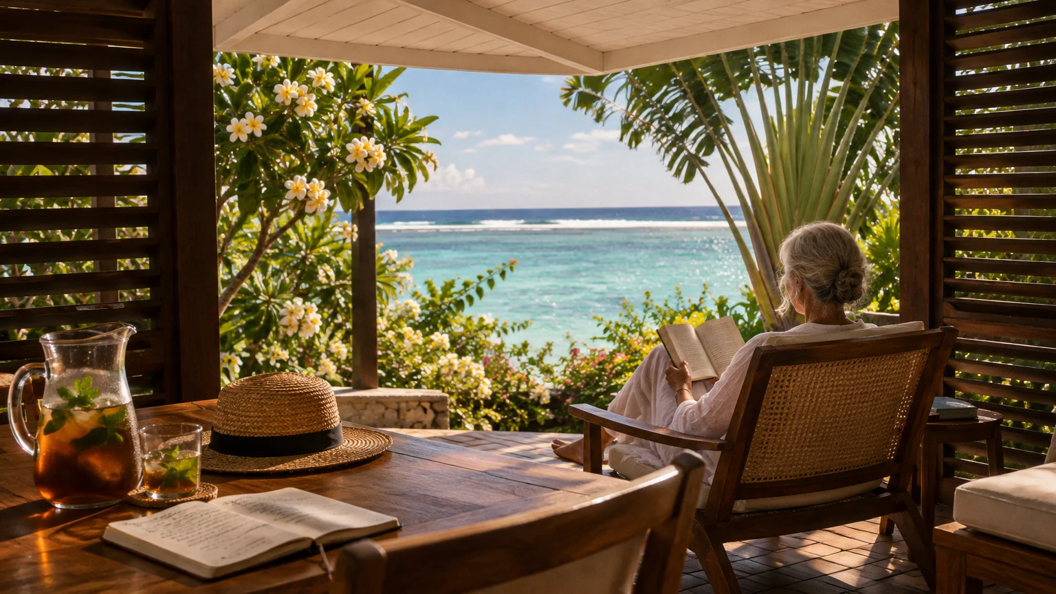 Woman reads a book in a wooden chair on a shaded patio overlooking tropical plants and turquoise ocean water.