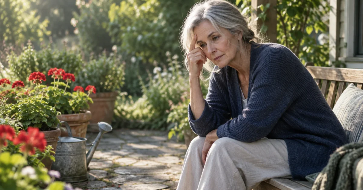 Senior woman with grey hair resting her head on her hand while sitting on a wooden garden bench outdoors.