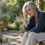 Senior woman with grey hair resting her head on her hand while sitting on a wooden garden bench outdoors.