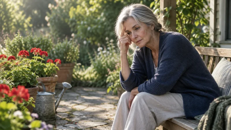 Senior woman with grey hair resting her head on her hand while sitting on a wooden garden bench outdoors.