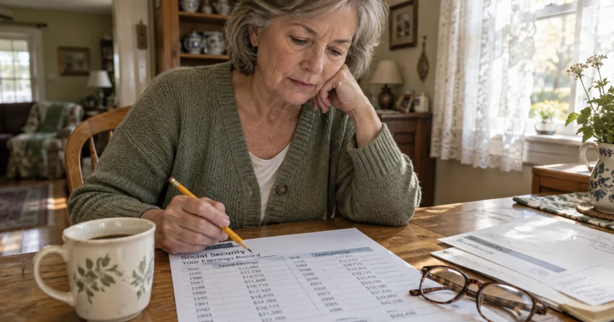 A woman sits at a wooden dining table reviewing a printed Social Security earnings record with a pencil in hand.
