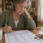 A woman sits at a wooden dining table reviewing a printed Social Security earnings record with a pencil in hand.