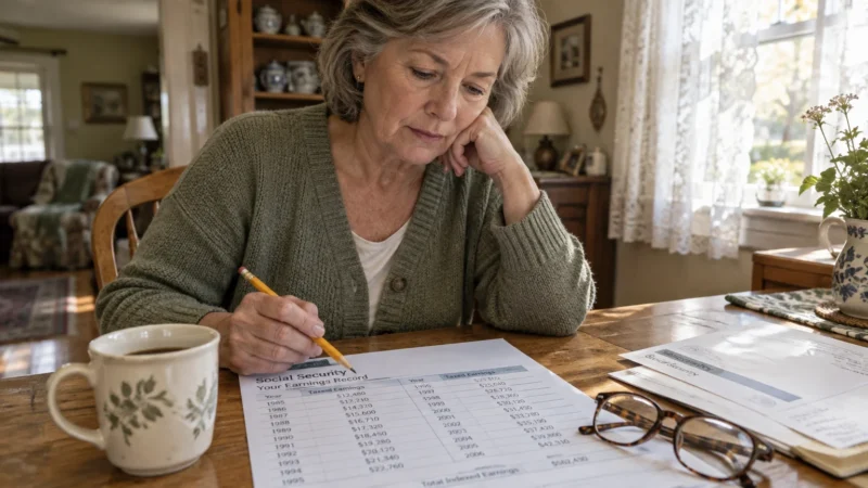 A woman sits at a wooden dining table reviewing a printed Social Security earnings record with a pencil in hand.