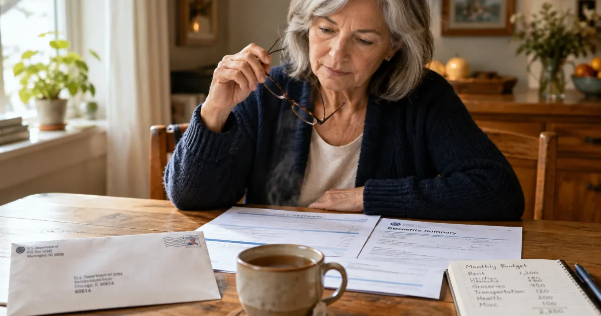 A senior woman holding eyeglasses sits at a wooden table reviewing benefits forms, budget notes, mail, and a mug of tea.