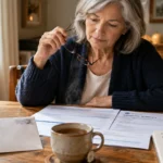 A senior woman holding eyeglasses sits at a wooden table reviewing benefits forms, budget notes, mail, and a mug of tea.