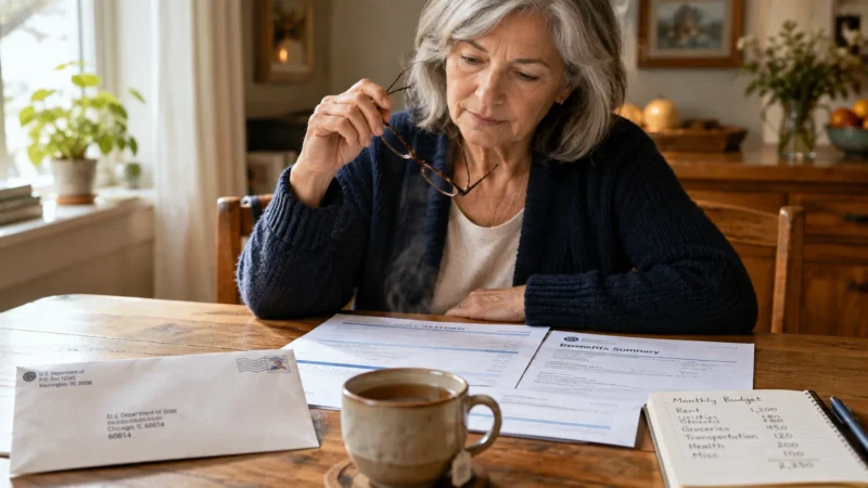 A senior woman holding eyeglasses sits at a wooden table reviewing benefits forms, budget notes, mail, and a mug of tea.