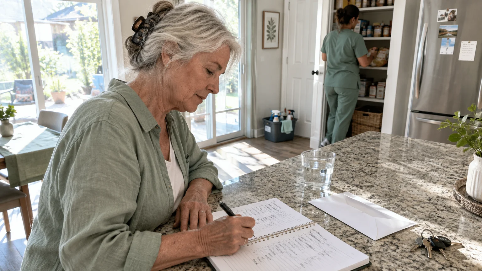 An older woman writes in a notebook at a kitchen counter while a caregiver in scrubs organizes a pantry in the background.