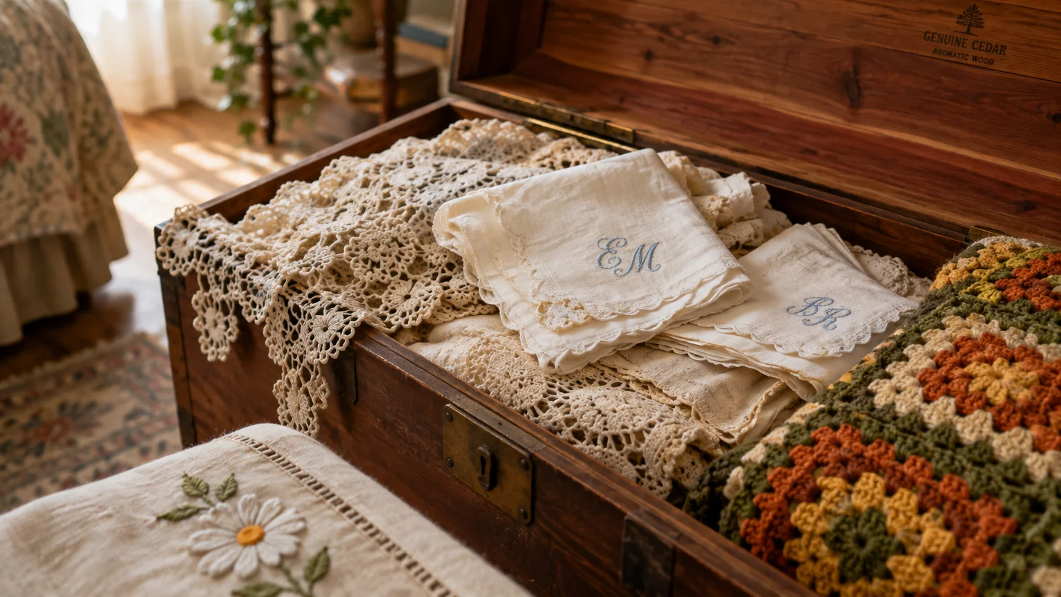 Open wooden cedar chest filled with vintage crocheted lace, monogrammed linen napkins, and a granny square blanket.