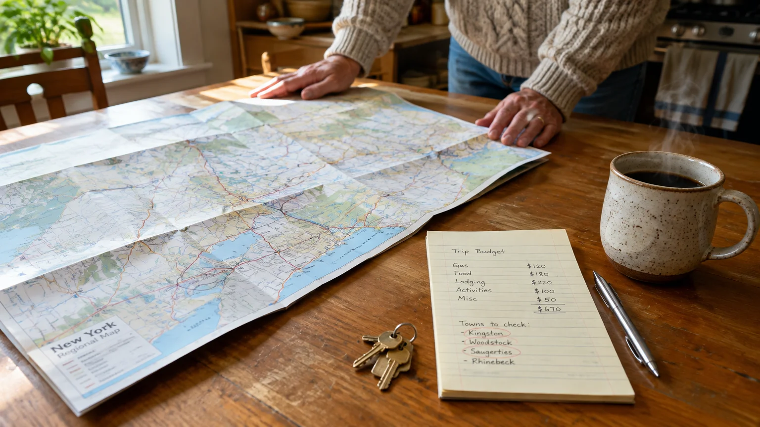 Person standing over a wooden table with an unfolded road map, budget notepad, keys, pen, and coffee mug.