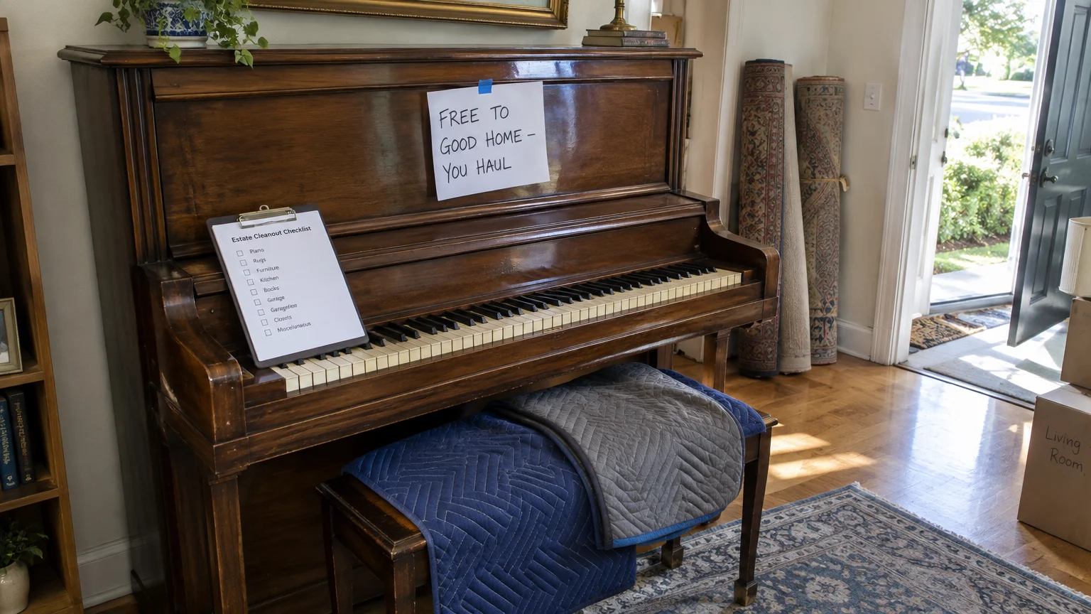 Upright wooden piano with a "Free to Good Home" sign, an estate checklist clipboard, and moving blankets on the bench.
