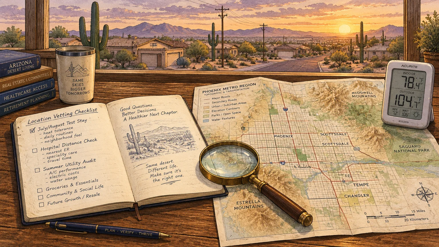 Illustration of a vetting checklist, map of Phoenix, magnifying glass, and digital thermometer overlooking a desert sunset.